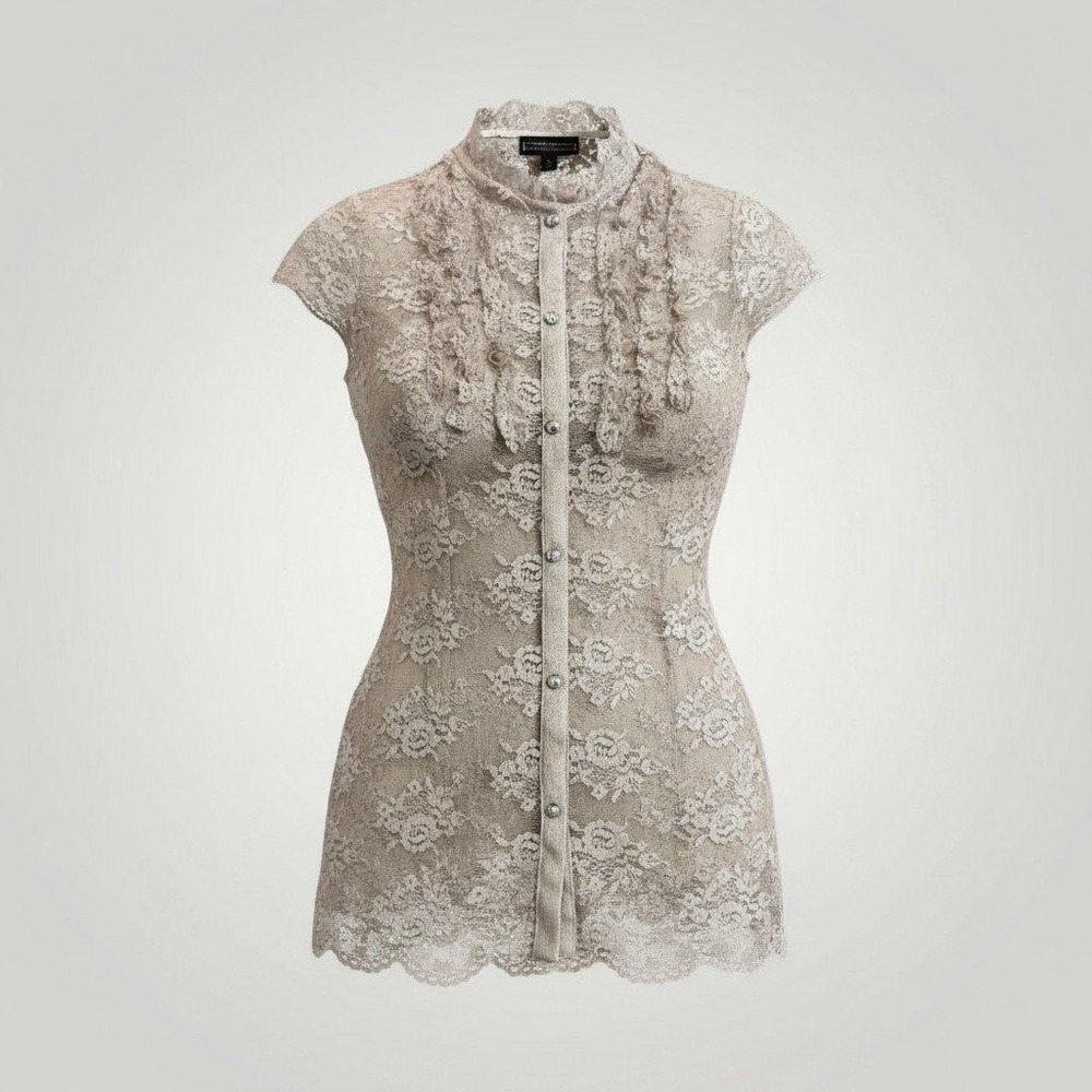 Licorice Lace Sheer Blouse Women Small Beige Ruffle Coquette Victorian Romantic